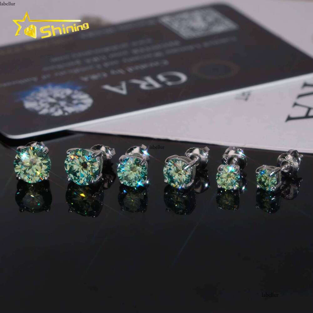 Pass Tester Sterling Sier Blue Green Moissanite Round Stud Hip Hop Earrings