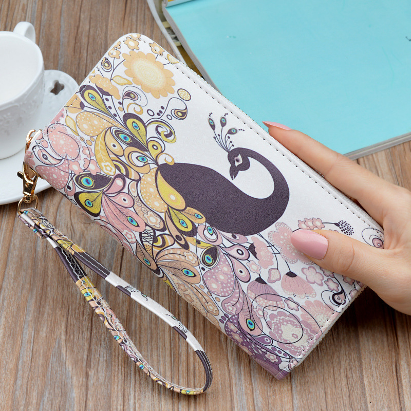 New Women's Handbag Long Zipper Designer Bag Wallet For Students Korean Style Printed Peacock Fashion Coin Purse Luxury Bag Phone Bag