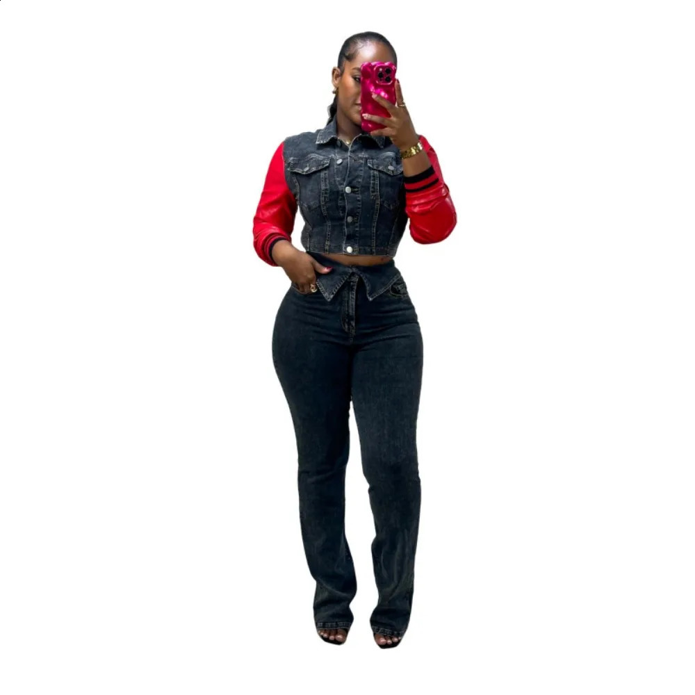 Women Denim 2 Piece Sets PU Denim Jacket Top Wide Leg Pant Stretch Jeans Suits Autumn Trousers Ensemble Streetwear Outfits 2025 250808