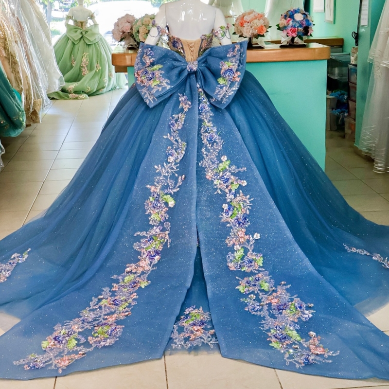 Blue Shiny Quinceanera Dresses Off The Shoulder Sequin Applique Lace Beading Bow Tull Party Birthday Ball Gown Vestidos De 15 Anos Sweet 16 Dress