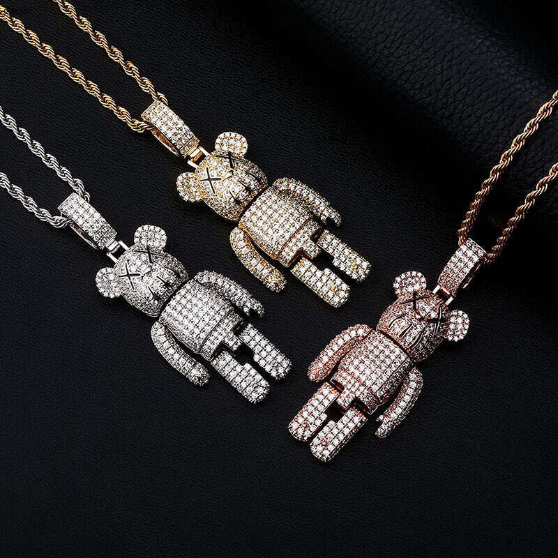 Cartoon Anime Doll Mechanical Bear Personality Pendant Full Moissanite chain Hip Hop Trendy Street Necklace Accessories Gold Jewelry