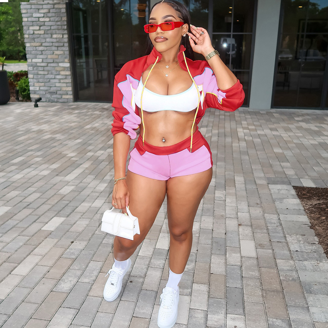 2025 Summer New Womens High Neck Long Sleeve Top Bodycon Shorts Sports Casual Set