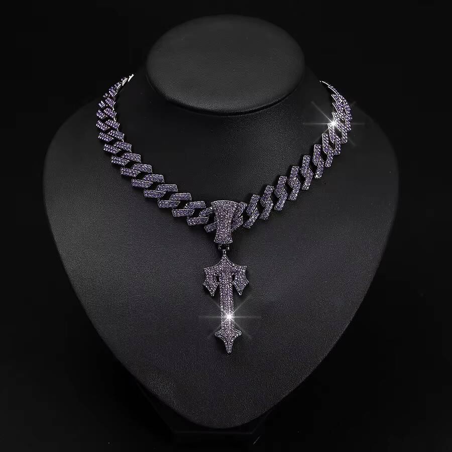 European American Hip-hop Mens New Purple Cross Pendant Necklace Big Sword Alloy Cuban Chain Cross-Border Fashion Jewelry