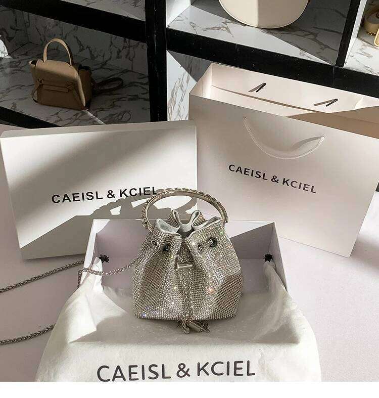 Designer Women's Handbag Rhinestones Dias Evening Clutch Glitter Shiny Bucket Purse Wedding Party Crossbody Bag