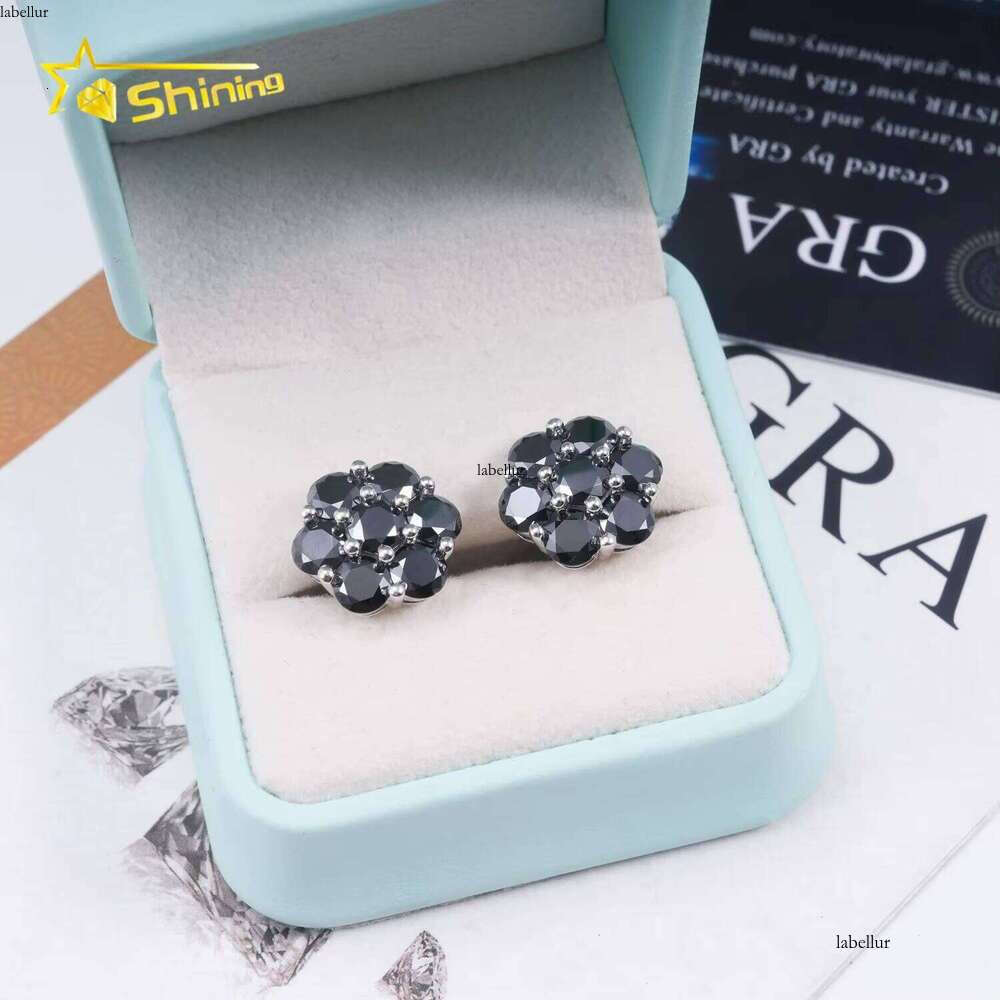 Premium Jewelry Black Dia Hip-Hop Iced Out Sterling Sier Flower Pyroxene Earrings