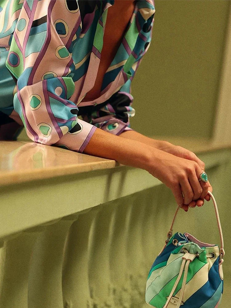 Printed Shirt Skirt Women Two Piece Set Fashion Lapel Silk Satin Long Sleeve Blouse Top Wrap Hip Long Skirts Vacation Lady Suit 250808