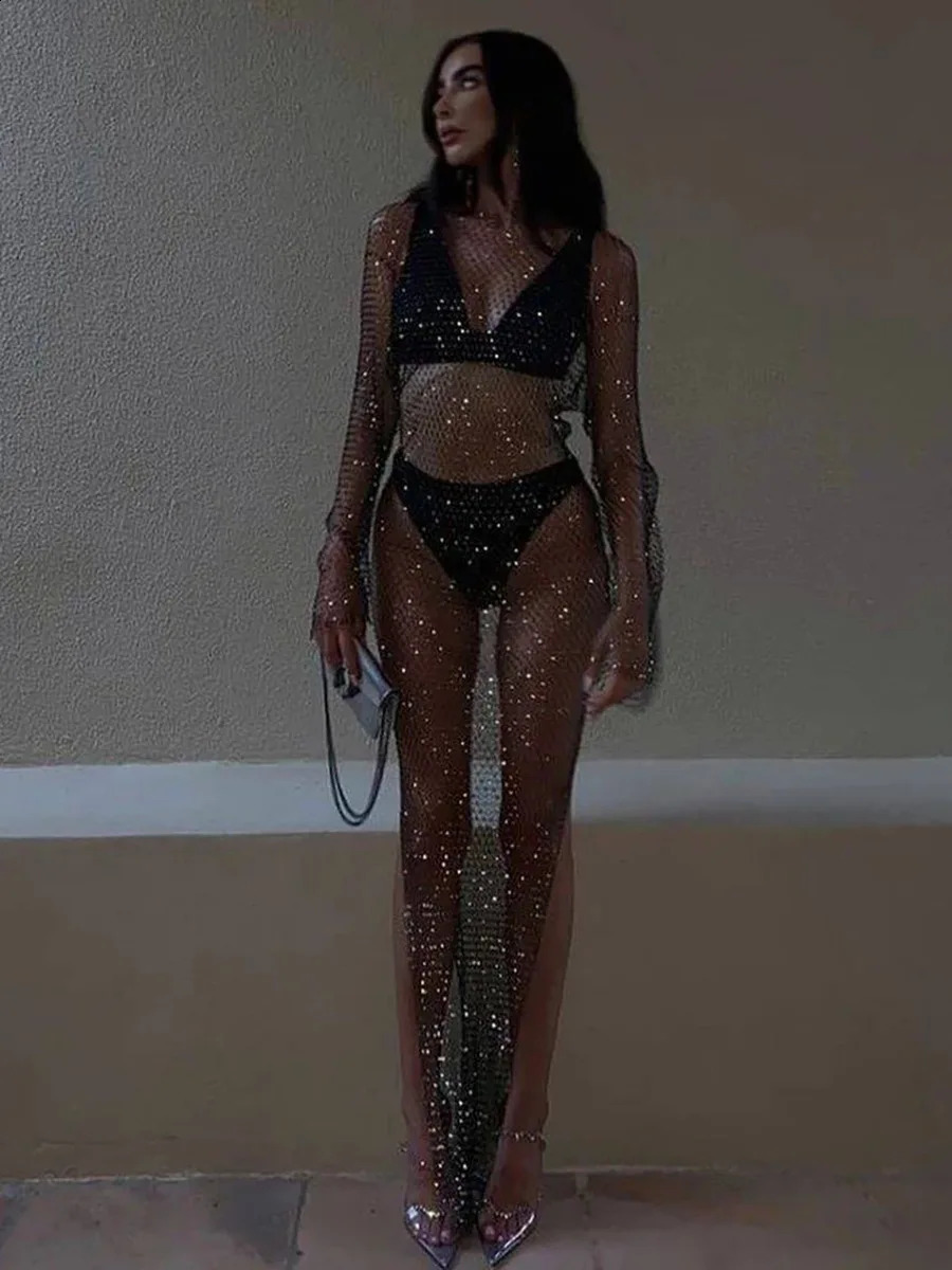 Shiny Rhinestones Grid Fishnet Dress Long Sleeve ONeck Hollw Out Side Slit Sexy Beach Cover Up Breathable Women Vestidos 250809