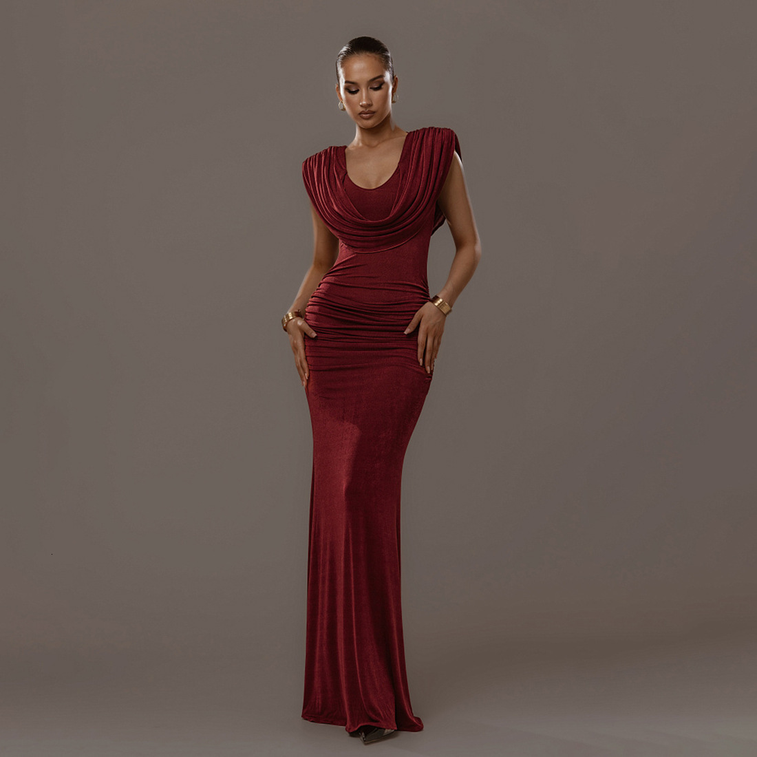 2025 Autumn New Womens Fashion Elegant Waist-Cinching Ruched Design Swing Collar Solid Color Dress