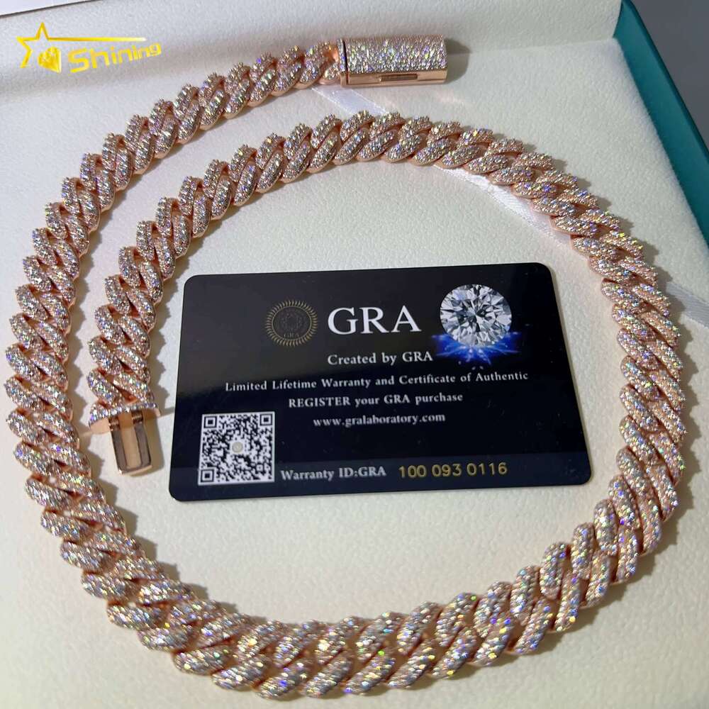 Hip Hop Jewelry 13mm Iced Out Necklace Sier Rose Gold Plated VVS D Color Infinity Moissanite Cuban Chain