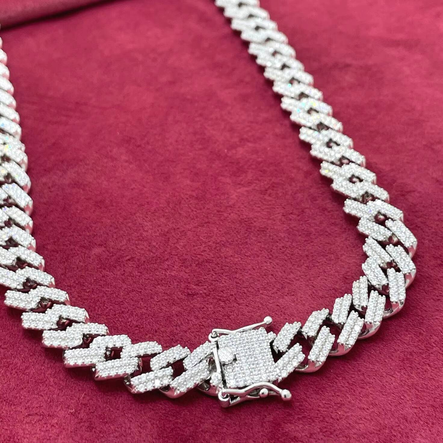 Hip Hop 12MM 925 Sterling Silver Soild Cuban Link Chain Cubic Zirconia Diamond-Studded Miami Cuban Link Necklace for Men