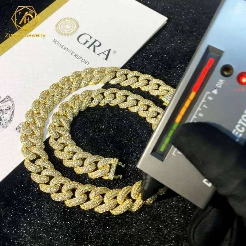 Fine Jewelry Hip Hop Iced Out 14k Gold Plated Miami Link 12mm 2 Rows Thick Solid Sier Vvs Moissanite Cuban Chain
