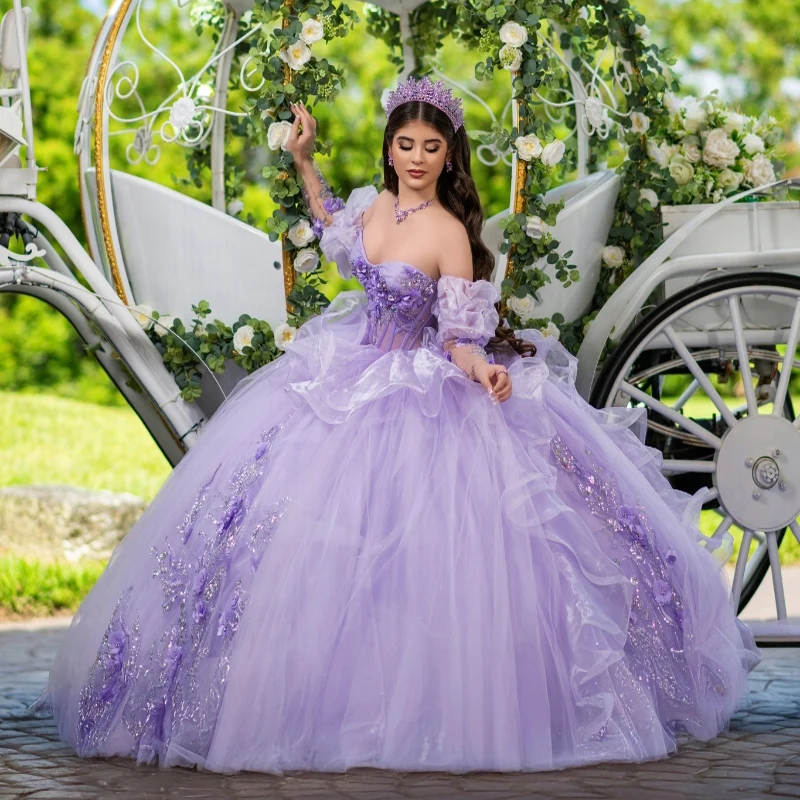 Lavender Quinceanera Dresses Ball Gown Off The Shoulder Applique Flower Beads Tull Corset Party Birthday Sweet 16 Dress Vestidos De 15 Anos