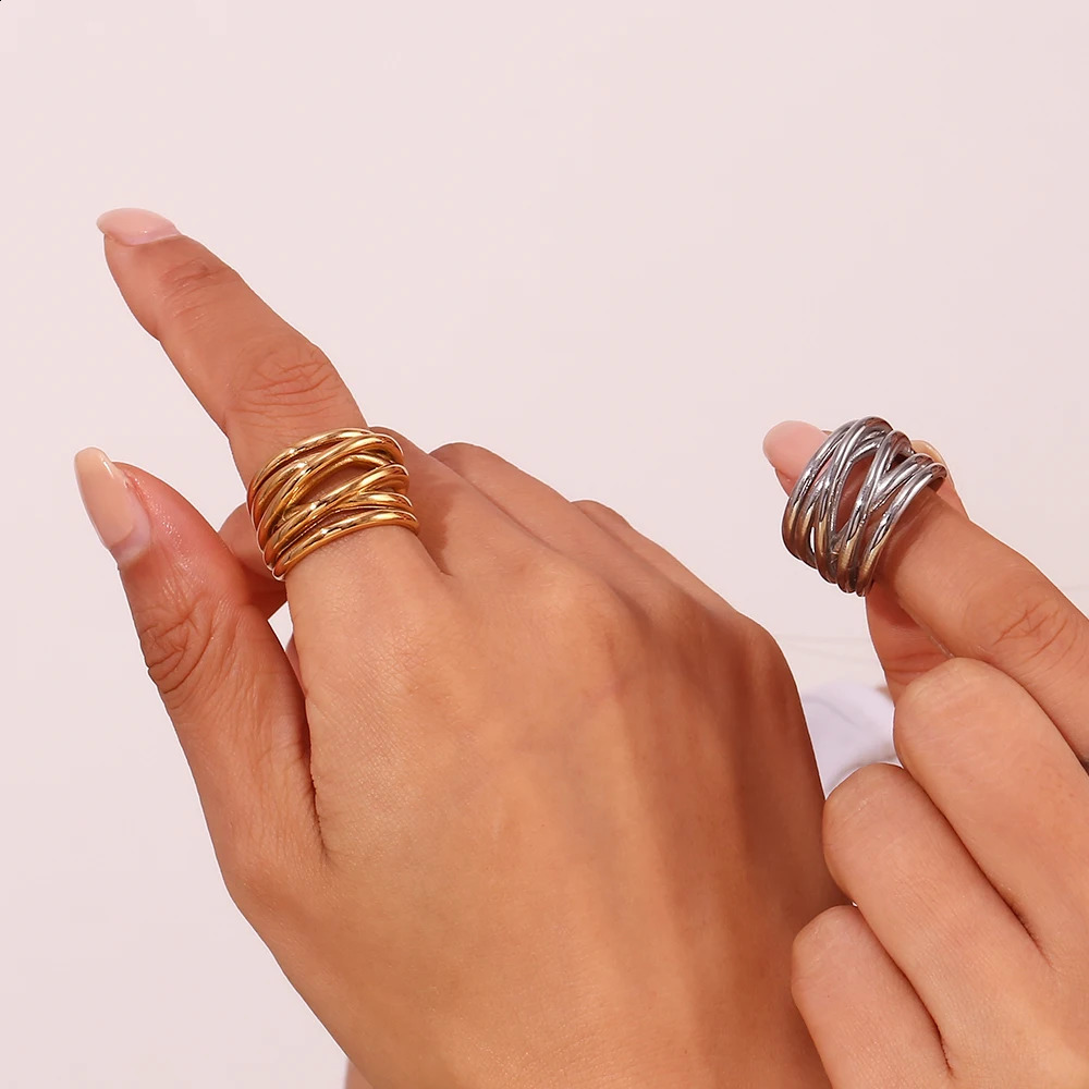 MamacitaSlay Stylish Waterproof Multi-Layer Irregular Woven Winding Womens rings Premium Stainless Steel Jewelry Decoration 250807