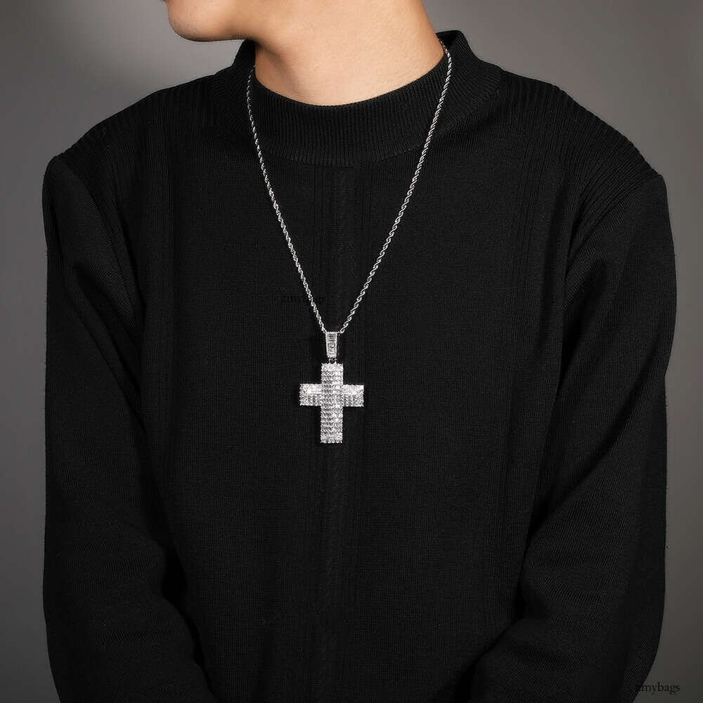 Hip-Hop Boy Classic Cross Pendant Necklace Sterling Silver Inlaid Moissanite chain Simple Trendy Street Dance Personality Jewelry