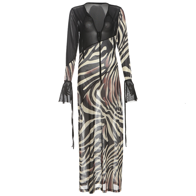 2025 Summer New Womens Fashion Color-Block Print Sexy V-Neck Mesh Long Sleeve Dress