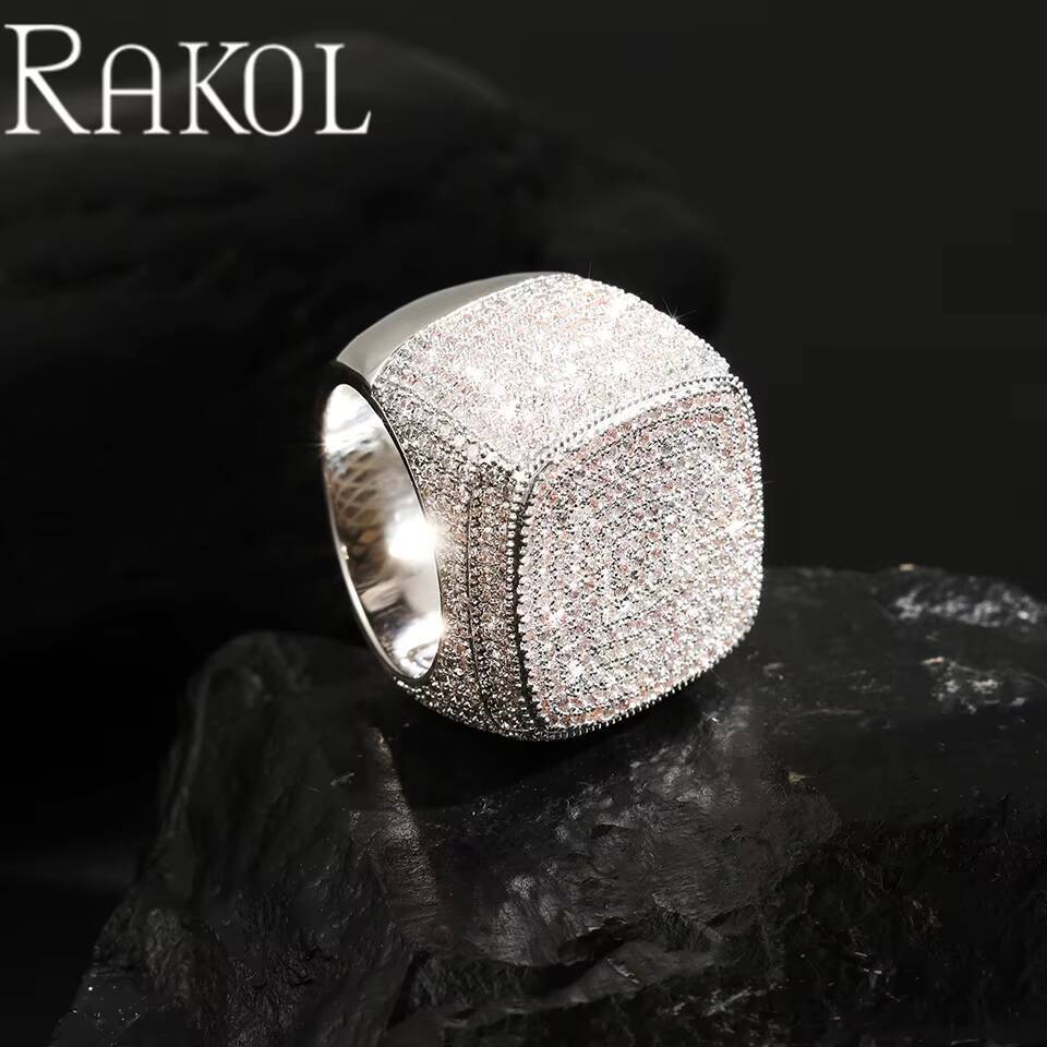 RAKOL ZPR1471 Ins Style Full Diamond Square Three-dimensional Micro Inlaid 5A Zircon Mens Ring