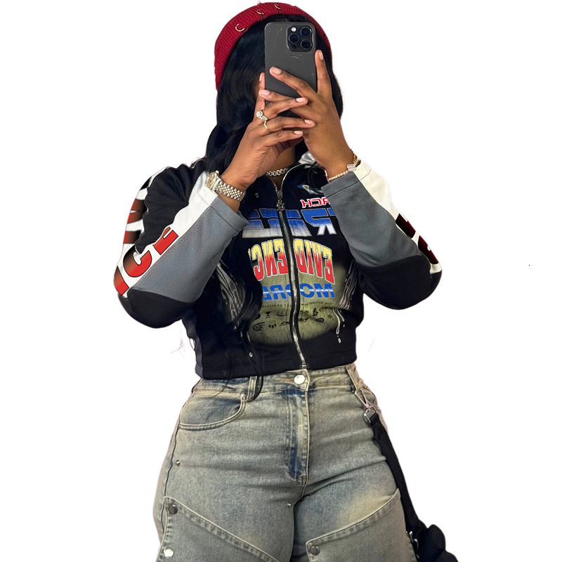 2025 Autumn New Style Slim Fit Half High Collar Printed Color Block Motorcycle Short Zipper Jacket for Women
