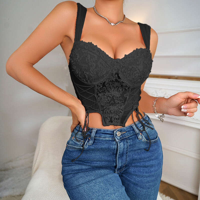 Summer Pink Pure Desire Style Sweet and Spicy for Women V-neck Niche Mesh Underwire Drawstring 3D Embroidery Wide Shoulder Tank Top
