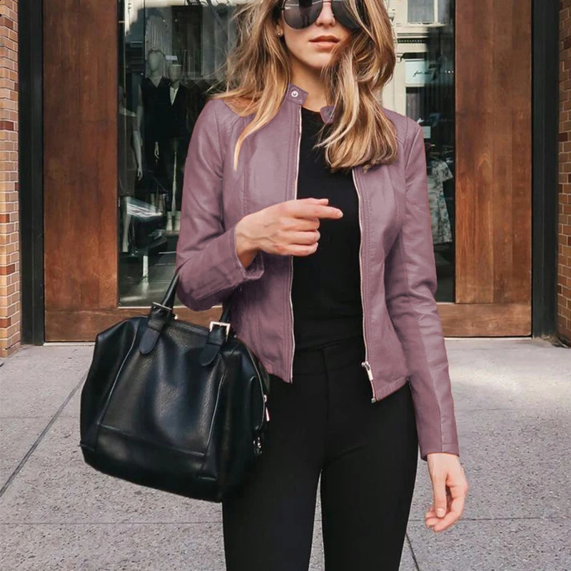 Spring Autumn Oversized Stand Collar Fashion Zipper Jacket Ladies Slim Allmatch PU Leather Coat Top Women Solid Color Cardigan 250809