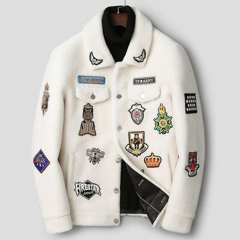 Clothing Lapel Embroidery Sheep Shearling Coat Men's Trendy Thickened Lamb Fur Jacket