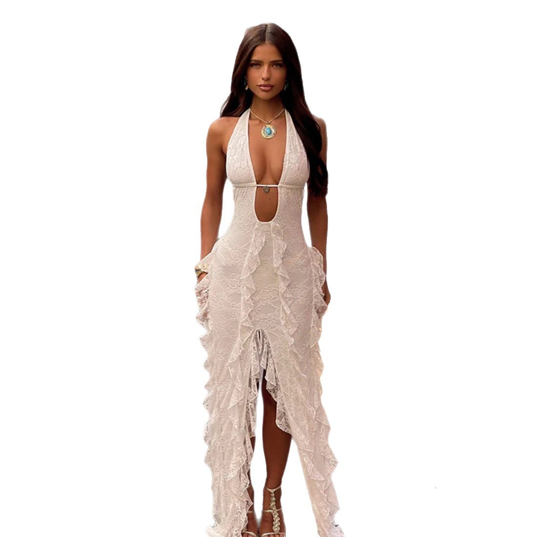 2025 Autumn New Sexy Hot Girl Backless Halter Strap Solid Color Long Dress with Slit