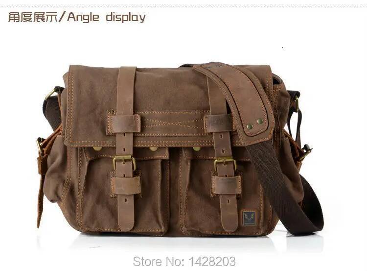 Retro Vintage Cotton + Real Leather Men's Messenger Shoulder Military Canvas Crossbody Male Casual Sling Bag