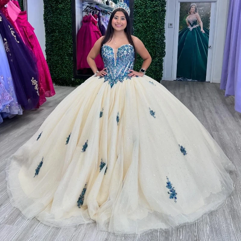 Light Champagne Quinceanera Dresses Ball Gown Off The Shoulder Applique Lace Beads Bow Tull Party Birthday Sweet 16 Dress Vestidos 15 Anos
