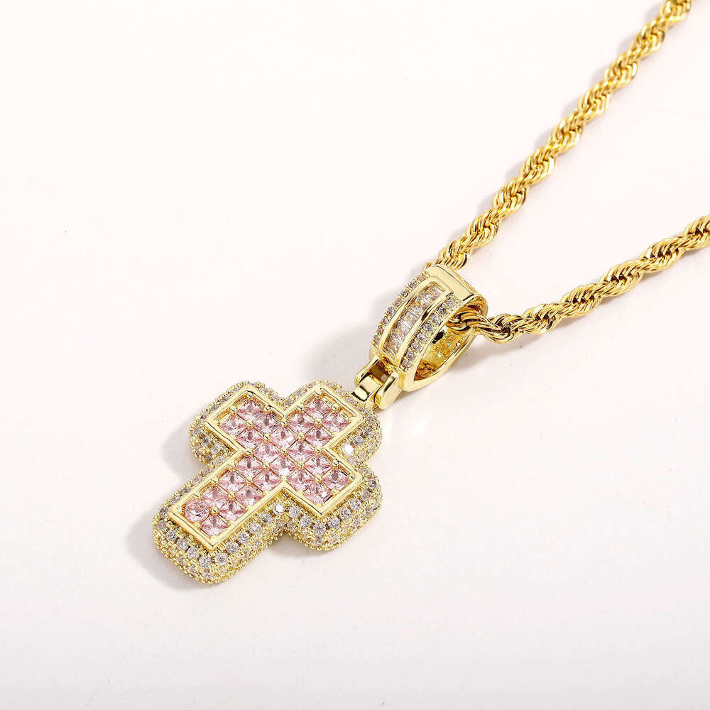 Hip Hop Fashion T Square Moissanite chain Pink Cross Necklace Personality Street Trend Jewelry