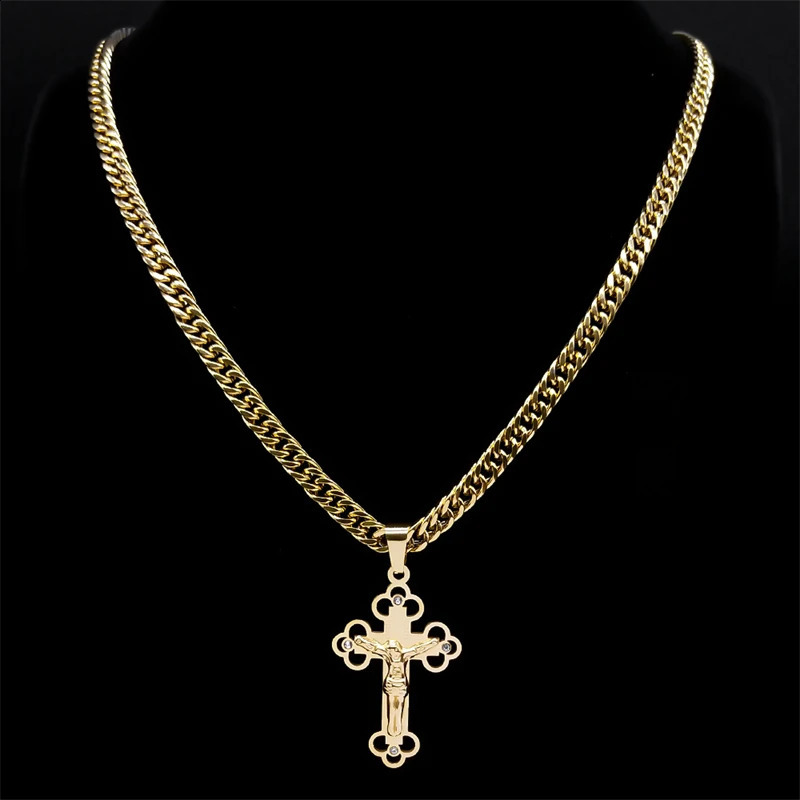 Hip Hop Cross Jesus Crucifixion Necklace for Men Women Gold Color Stainless Steel Cuban Link Chain Punk Rock Male Jewelry N8242S 250805