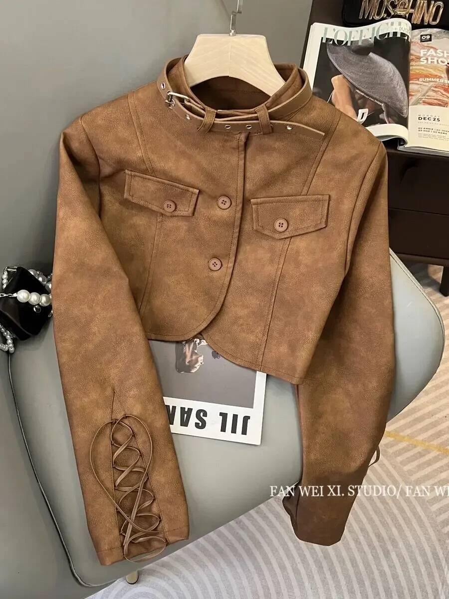 Gkyocq Korean Chic Women Coats Retro Brown Stand Collar Long Sleeve Lace Up Slim Short Jacket Pu Leather Female Tops Clothes