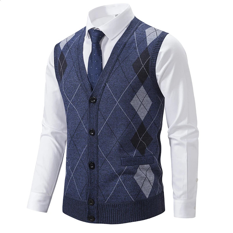 Spring Autumn Male Vest Sleeveless Sweater Fleece Warm Knitted Jackets Checkered Business Casual Button Up Coat Mens Clothing 250809