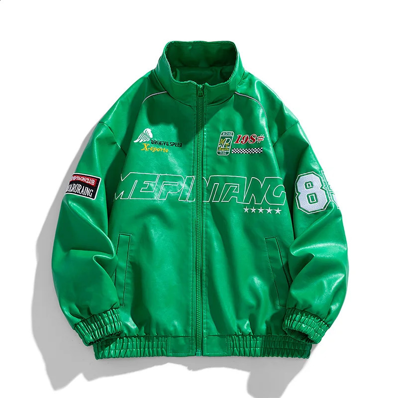 Mens Leather Jacket Pu Letter Embroidery Motorcycle Jacket Retro Hip Hop Windbreaker Biker Coat Street Fashion Black White Green 250809
