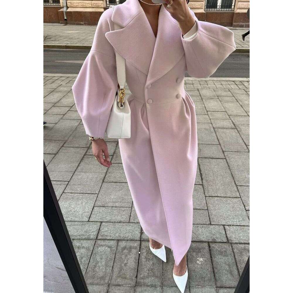 Women's woolen intellectual wind pocket lapel winter new solid color lantern sleeve female coat