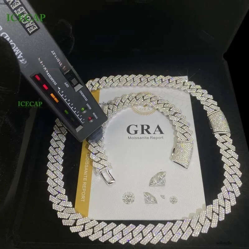 15mm 3Rows VVS Moissanite Miami Pass Dia Test Sterling Sier Bracelet White Gold Cuban Link Chain Necklaces