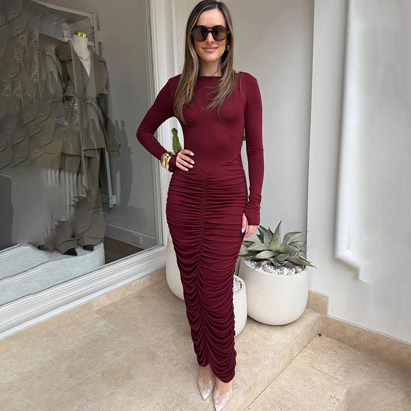 2025 Autumn New Womens Fashion Elegant Slim Fit Solid Color Long Dress with Ruched Long Sleeves