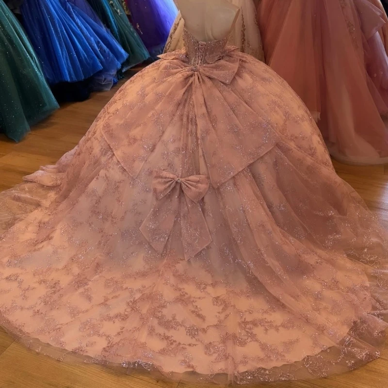 Pink Shiny Quinceanera Dresses Off The Shoulder Sequin Lace Applique Beads Bow Tull Ball Gown Birthday Party Sweet 16 Dress Vestidos De 15 Anos