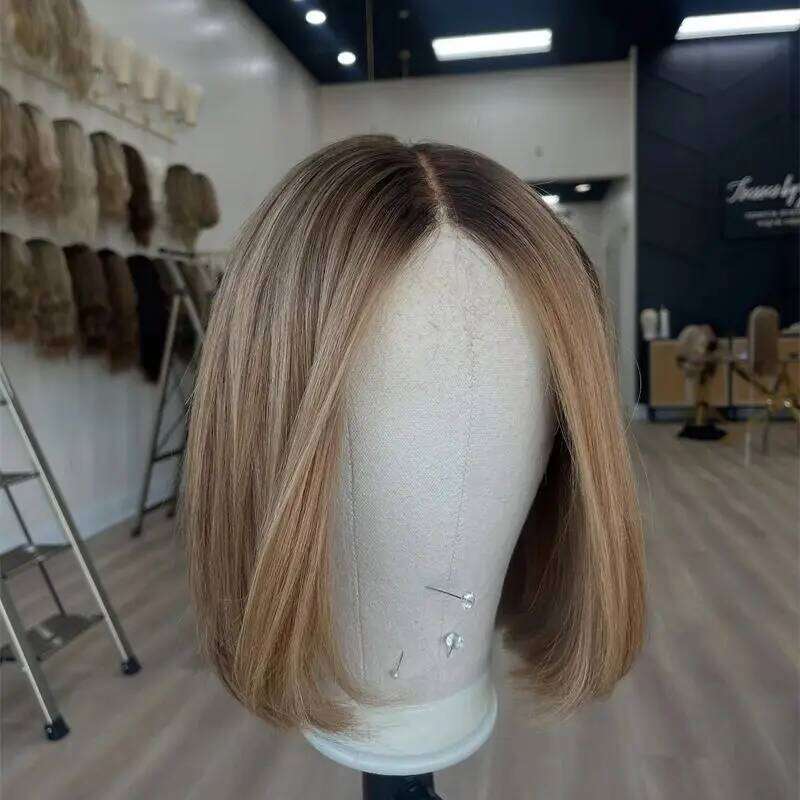 Ombre Honey Brown Blonde Lace Front Short Bob Dark Roots Heat Resistant Fibre Straight Wig Natural Preplucked Hairline 12''