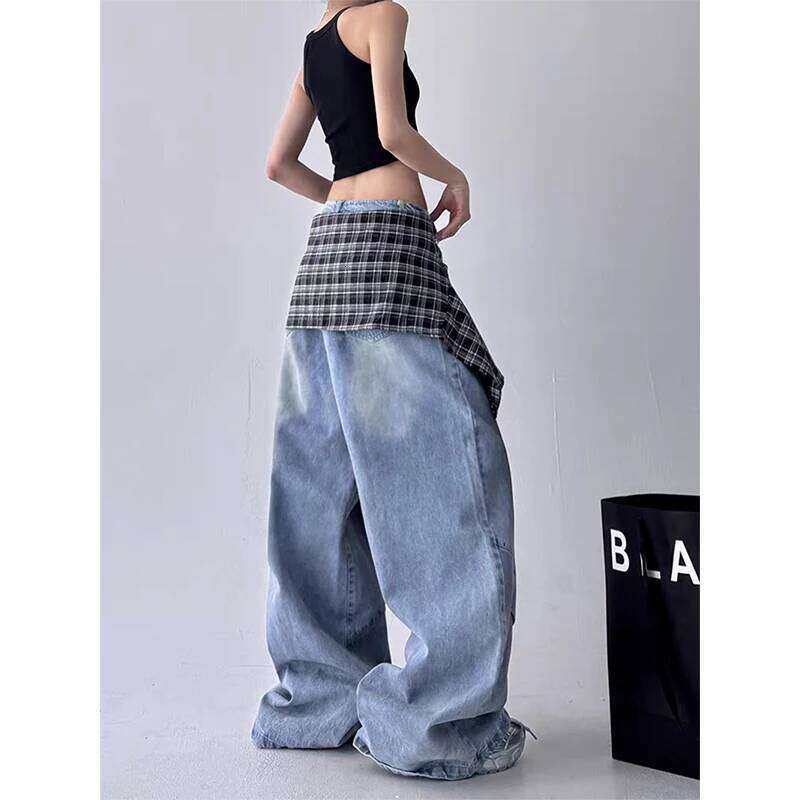 MEXZT Y2K Cargo Jeans Women Haruku Plaid Patchwork Wide Leg Denim Pants Vintage Grunge Korean High Waist Baggy Design Trousers