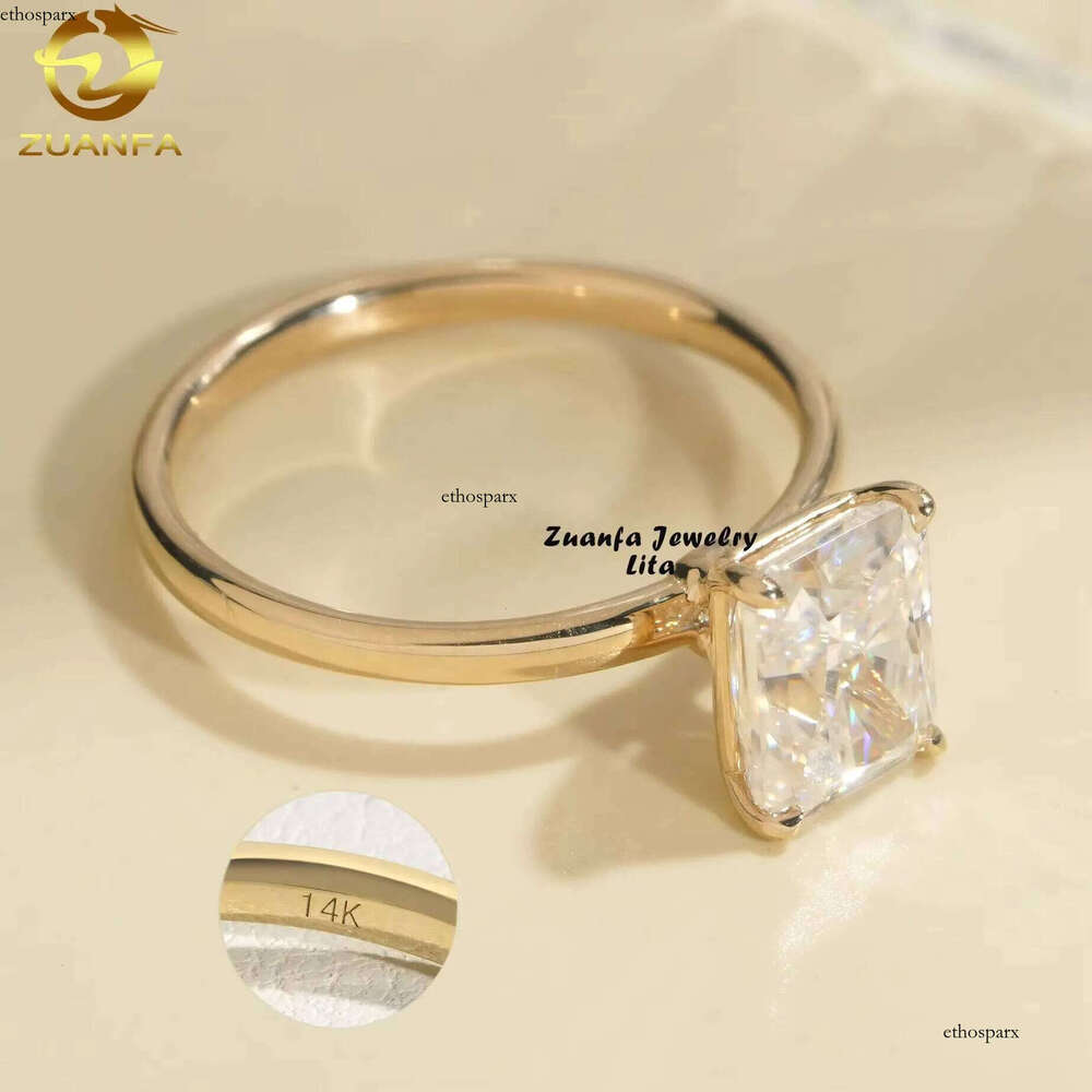Fashion Romantic 14k Gold VVS Dia 2ct Radiant Cut Moissanite Engagement Wedding Ring