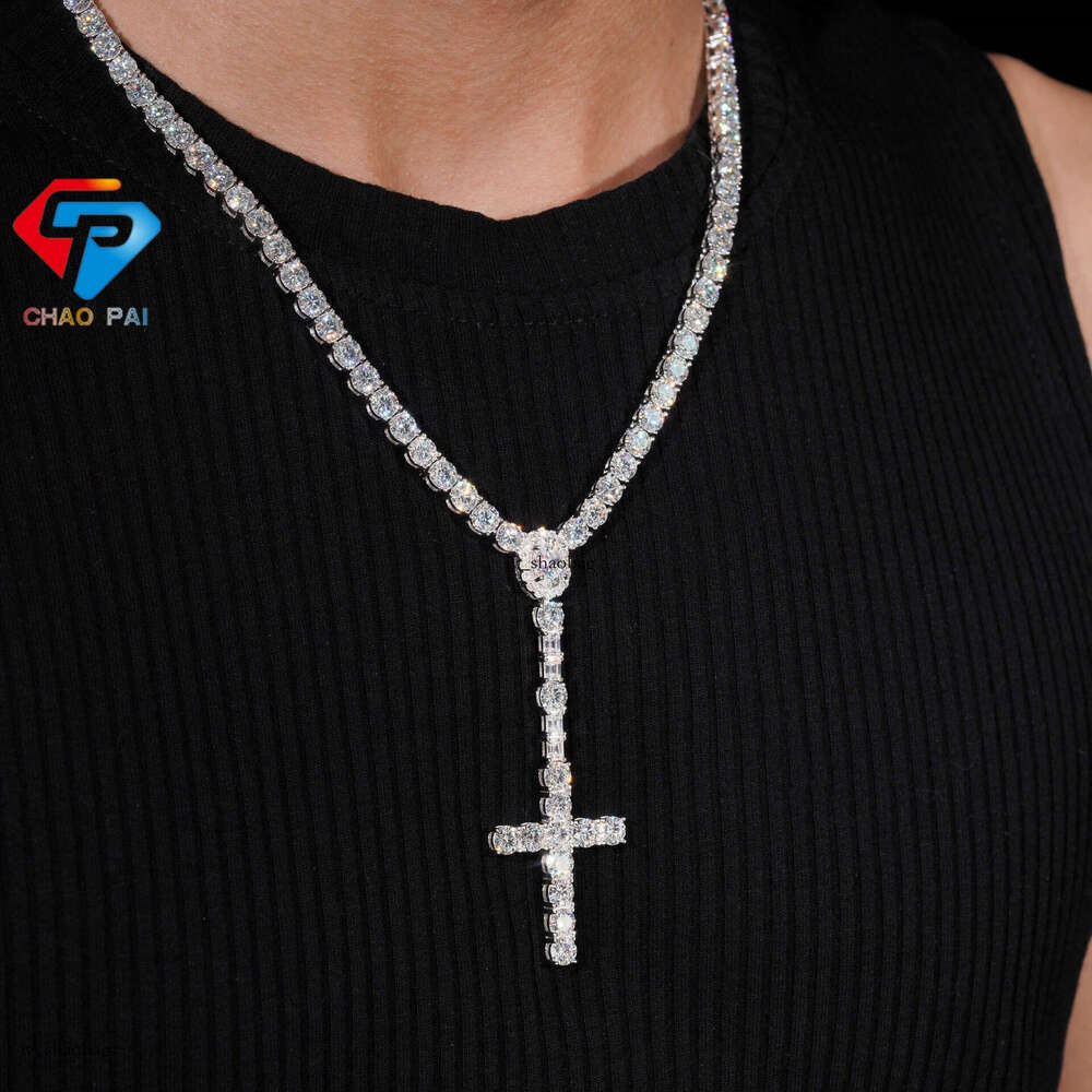 New Sier Full Inlaid Moissanite Tennis Chain Cross Integrated Necklace for Men and Women Jewelry