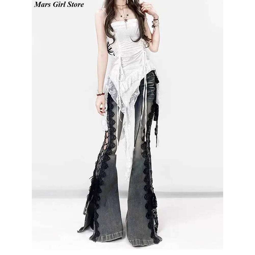 American Vintage Y2k Lace Strap Split Denim Women's Straight Loose Wide Leg Pants 2025 Summer Streetwear Bell Bottom Jeans