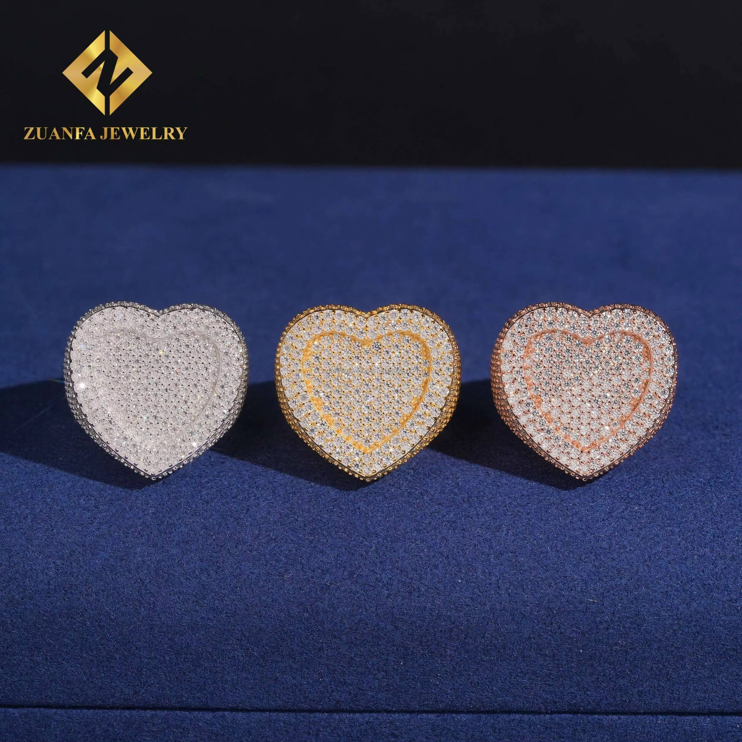 Bulk Stock Fashion Rapper 925 Solid Silver Hip Hop Luxury Iced Out Jewelry Heart Shape VVS1 Moissanite Diamond Man Band Ring