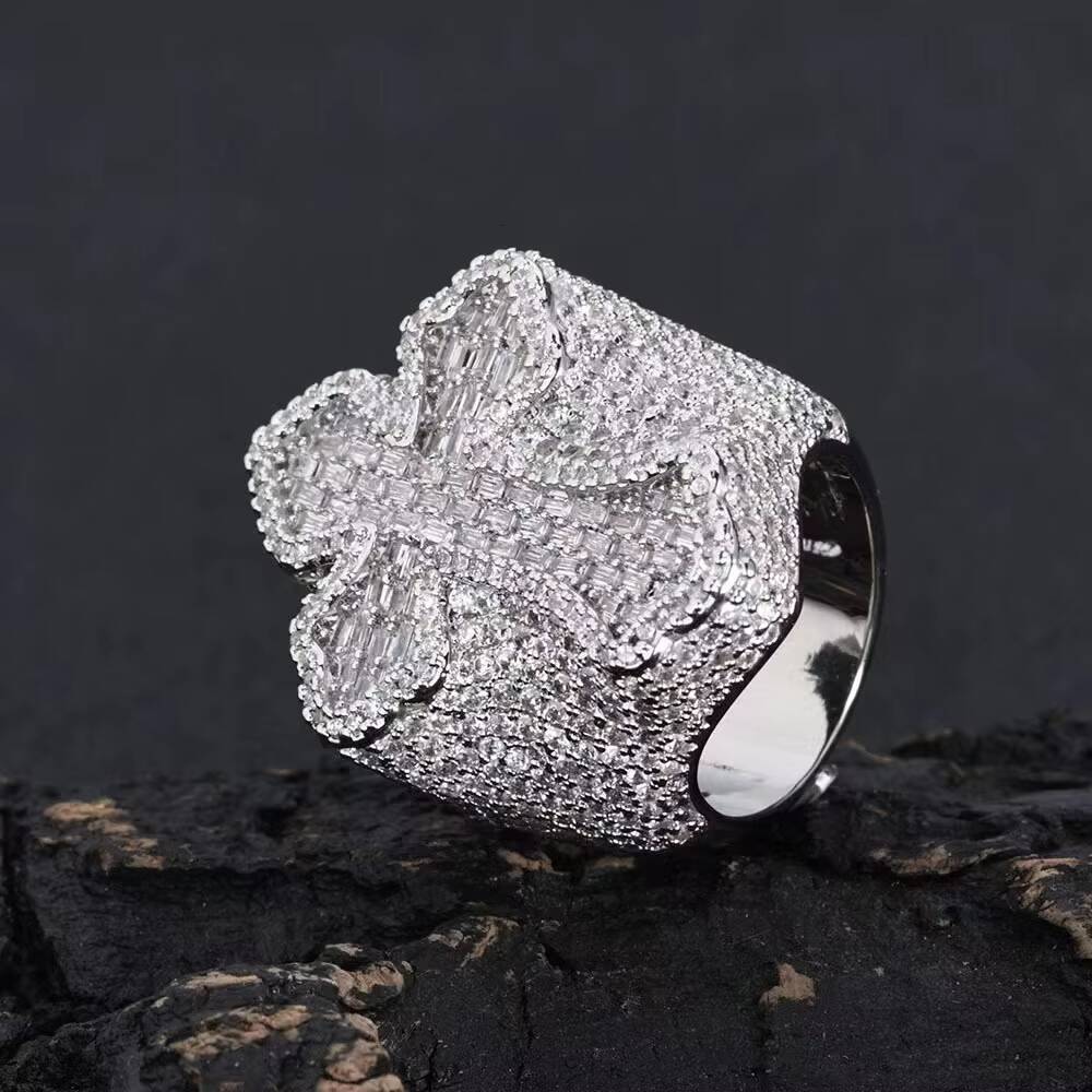 Hot Selling Hip Hop Style VVS Moissanite Ice Out Men Diamond Cross Rings 925 Silver Ring