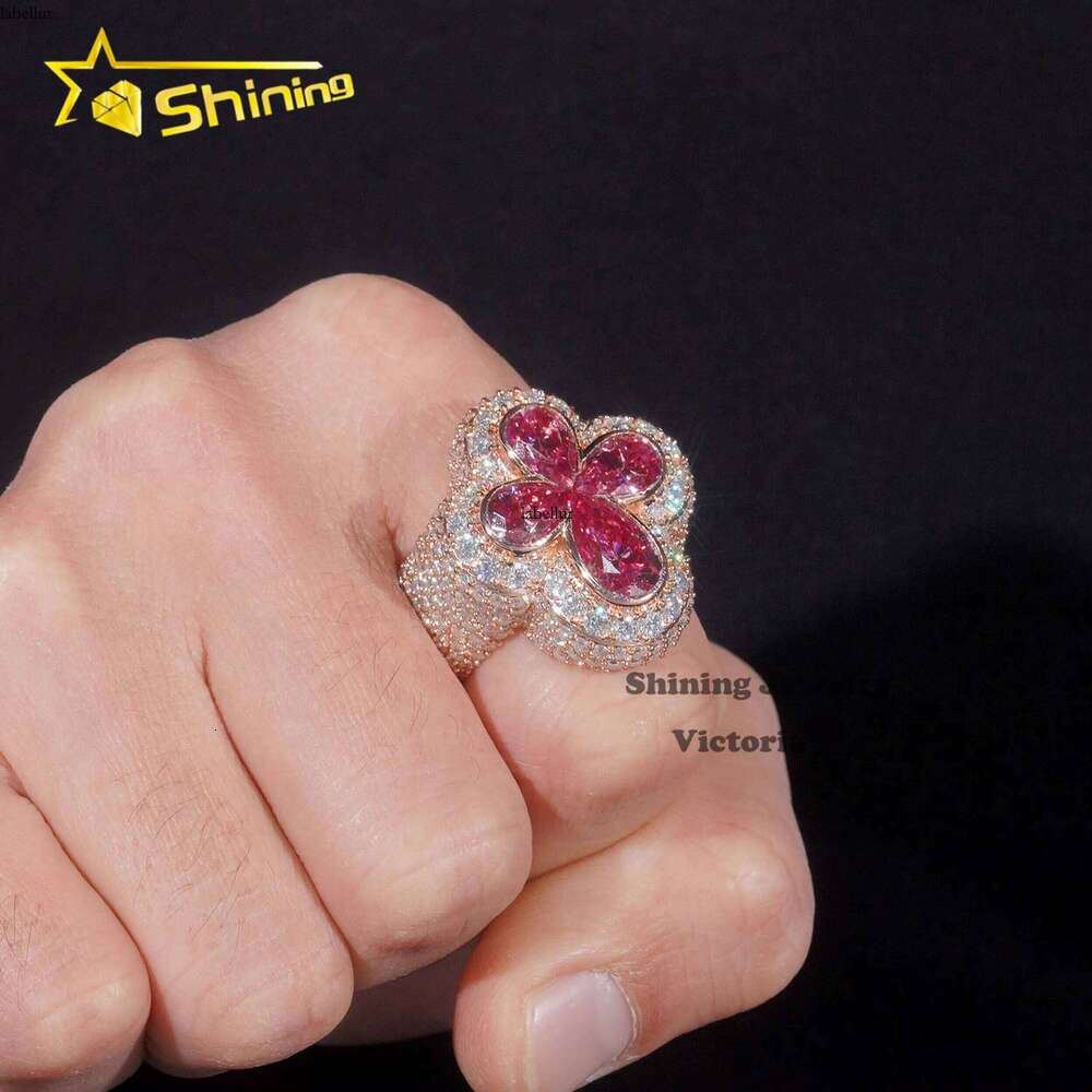 Style VVS Men's Silver Ice Out Cross Pink Pear Cut Moissanite Hip-Hop Ring