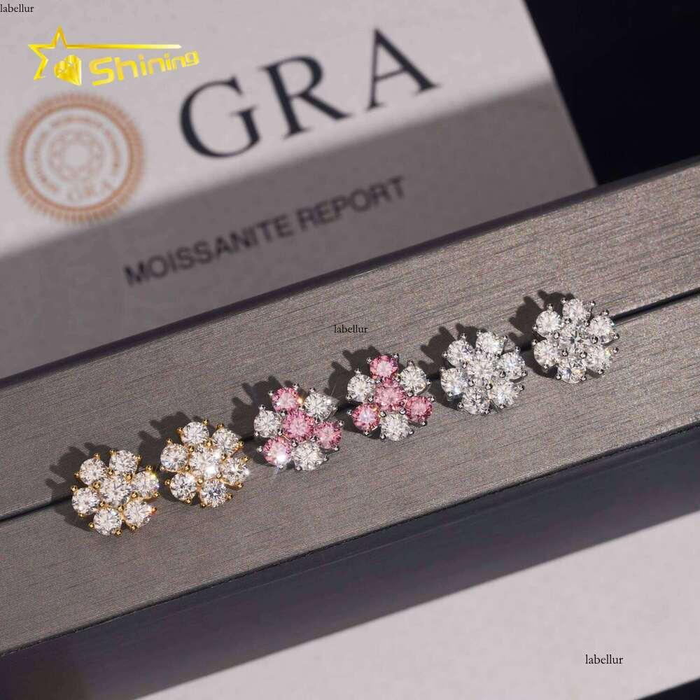 High Quality Hip Hop Pink Screw Back Sier Cluster Flower Men's VVS Moissanite Earrings