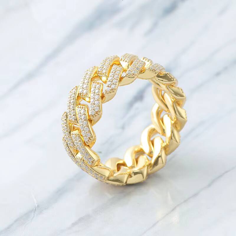 Miami Trendy Hip Hop Moissanite Cuban Link Ring Yellow Gold With DEF Moissanite Diamond for Rapper