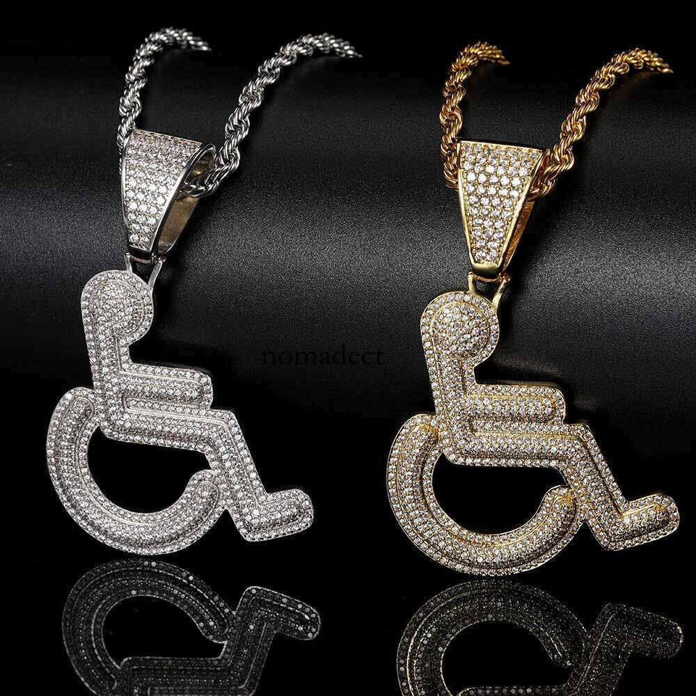 Hip Hop Men's Necklace with Disabled Symbol and Wheelchair, Personalized Creative Moissanite chain Pendant