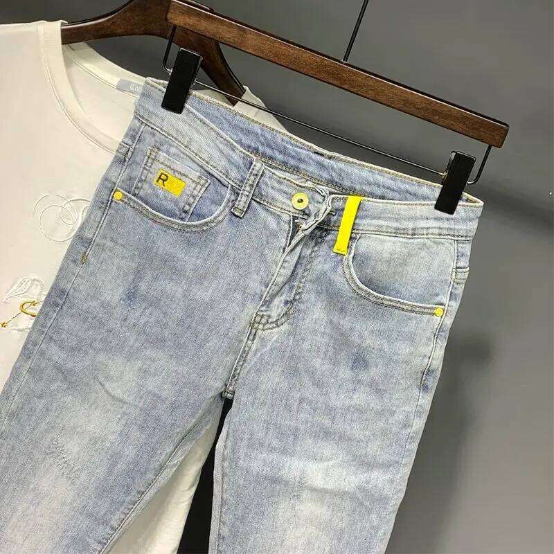 Summer Autumn Korean Designer Clothing Embroidered Slim Pencil Jeans Men Vintage Washed Casual Streetwear Cotton Trousers