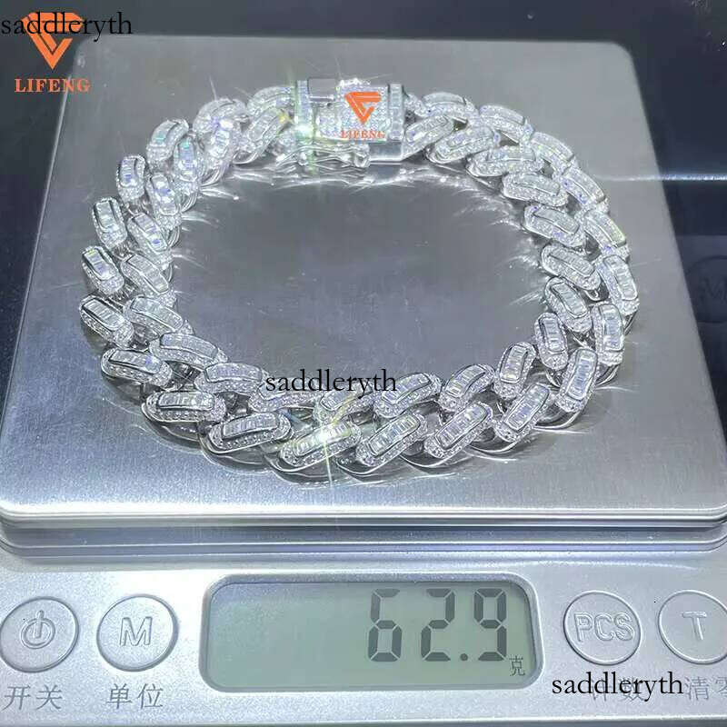 Lifeng Jewelry 14mm VVS Moissanite Baguette Cuban Link Ice Out Hiphop S Sterling Dia Bracelet 35