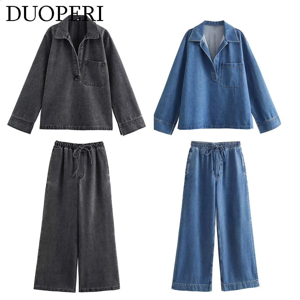 DUOPERI Women Fashion 2 Pieces Sets Denim Blouse Jacket and High Elastic Waist Trousers Female Chic Lady Casual Pant Coordinates 250808